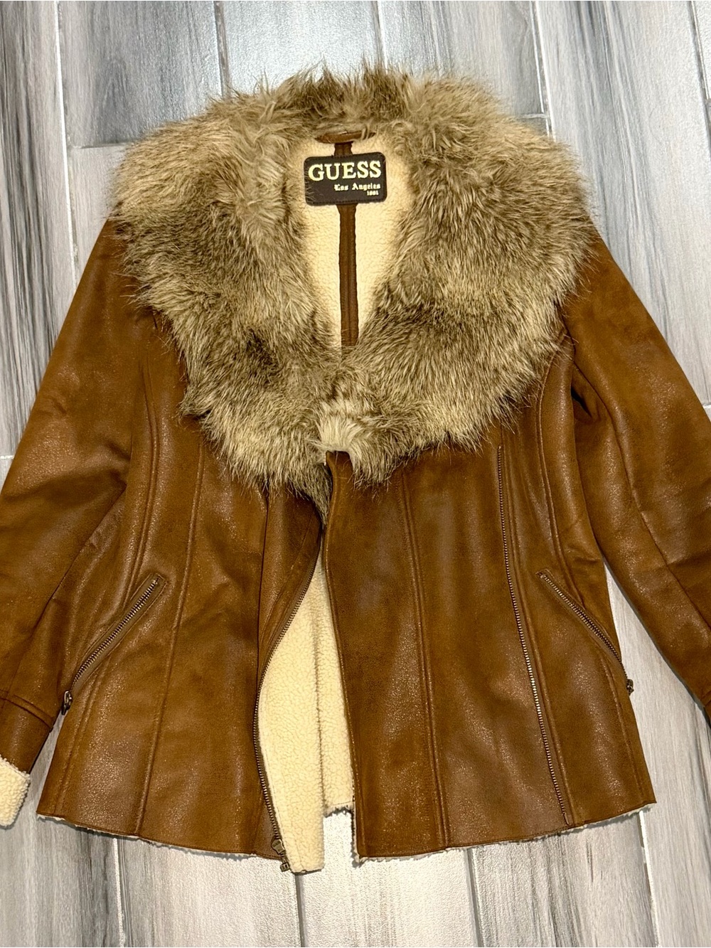 GUESS Tan Leather Jacket with Fur Trim Collar